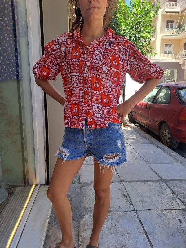 vintage patterned shirt orangy tones, puffy sleeves - Image 3