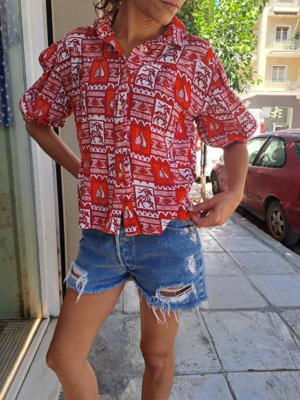 vintage patterned shirt orangy tones, puffy sleeves - Image 2
