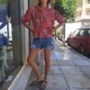 vintage patterned shirt orangy tones, puffy sleeves
