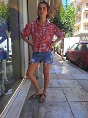 vintage patterned shirt orangy tones, puffy sleeves