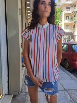 vintage stripped shirt mao collar cotton blend