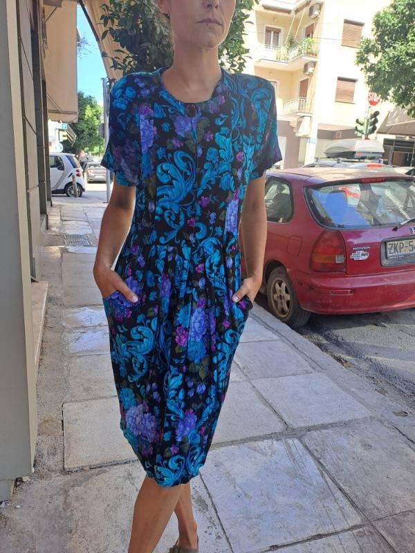 vintage viscose black floral midi dress with pockets - Image 3