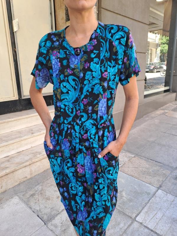 vintage viscose black floral midi dress with pockets - Image 4