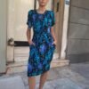 vintage viscose black floral midi dress with pockets