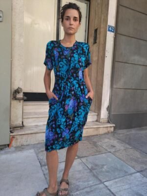vintage viscose black floral midi dress with pockets