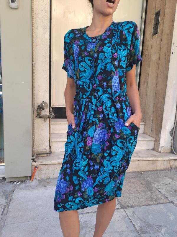 vintage viscose black floral midi dress with pockets - Image 5