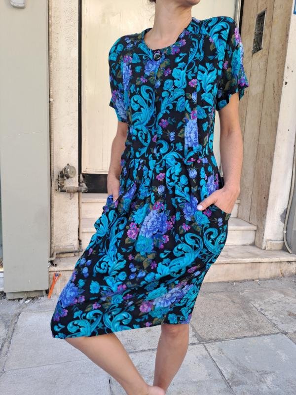 vintage viscose black floral midi dress with pockets - Image 2
