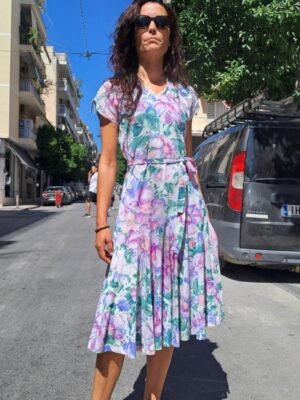 vintage floral lilac pink tones drop waist dress