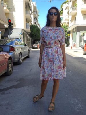 vintage cotton floral dress with sheer top part, belt and buttons