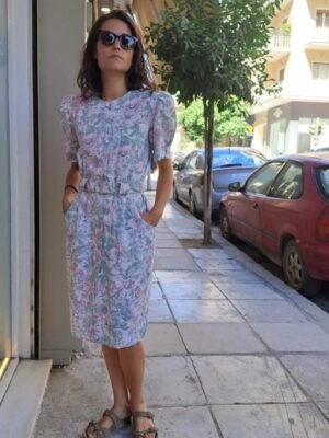 vintage pastel floral midi dress with belt and buttons