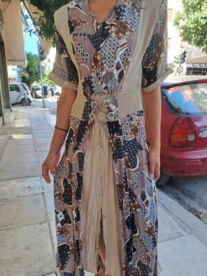 90's vintage half patterned half beige midi ruffle dress