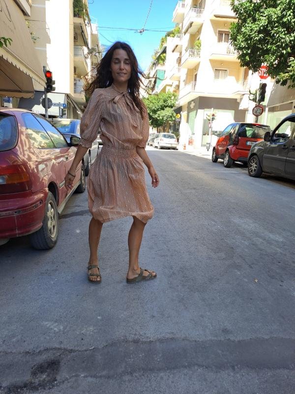 vintage sheer floral beige dress with elastic waist and tie bow - Image 5