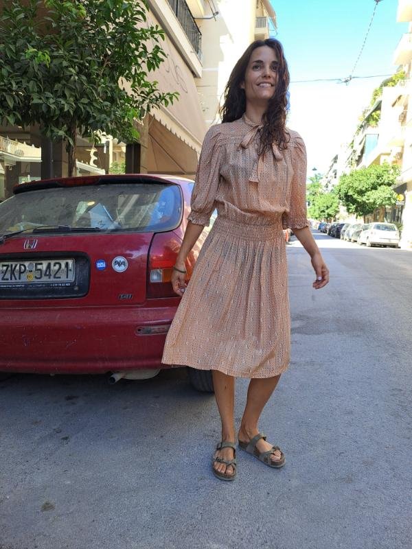 vintage sheer floral beige dress with elastic waist and tie bow - Image 6