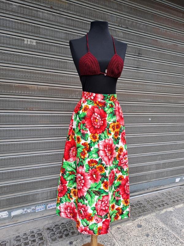 70's vintage cotton floral A line midi skirt - Image 2