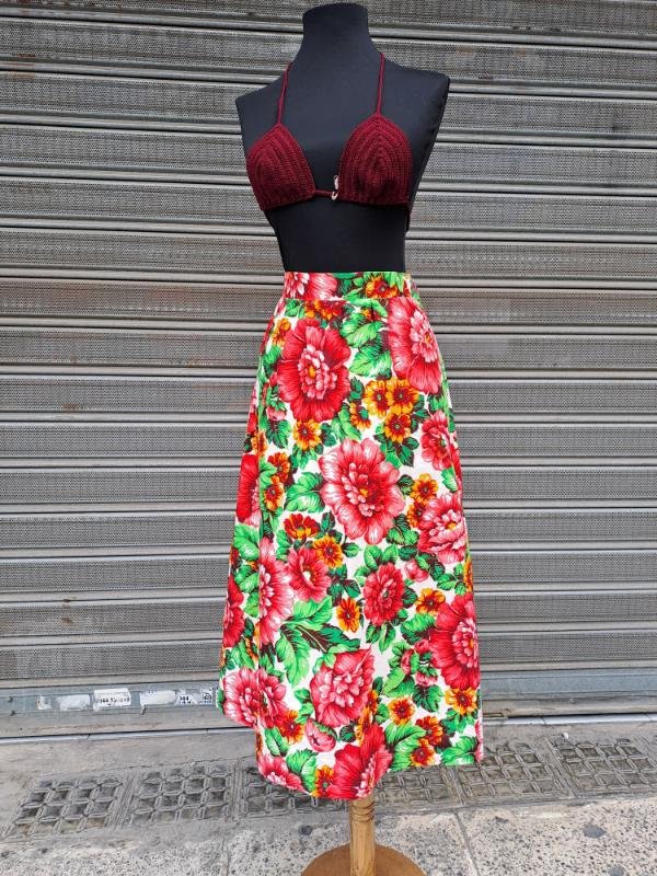 70's vintage cotton floral A line midi skirt - Image 3