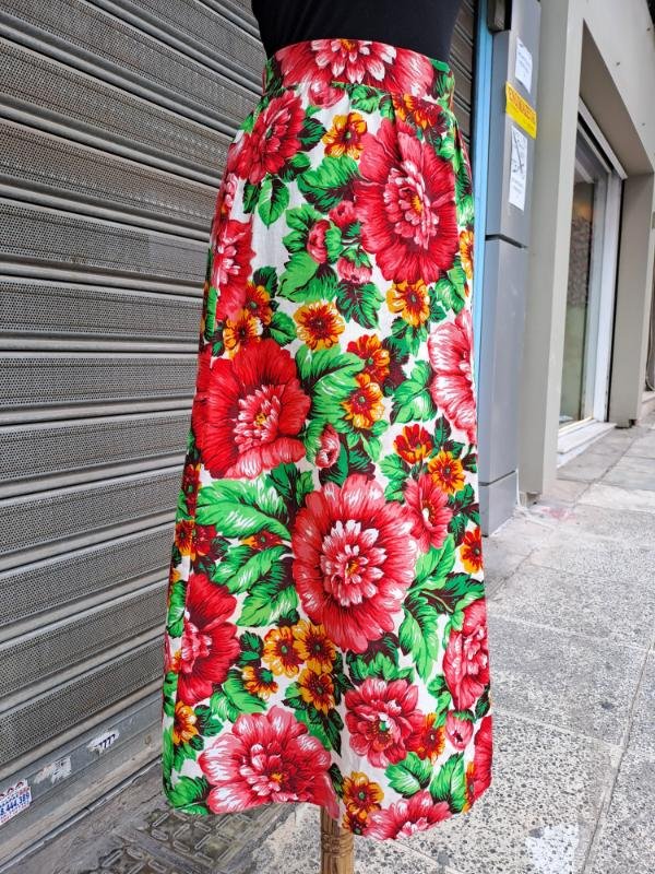 70's vintage cotton floral A line midi skirt - Image 5