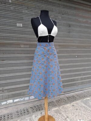 70's vintage A line denim floral skirt with pockets