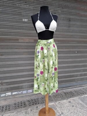 vintage viscose floral light green pleated midi skirt