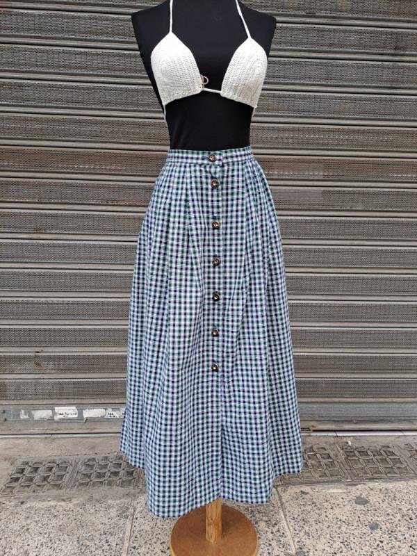 vintage cotton plaid maxi skirt with buttons