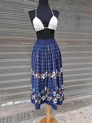 Alternative view of 80's vintage cotton dark blue floral plaid midi skirt