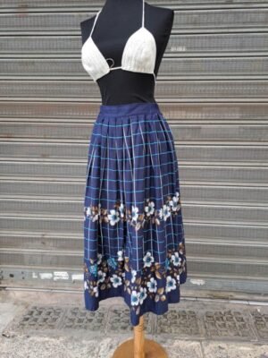 80's vintage cotton dark blue floral plaid midi skirt