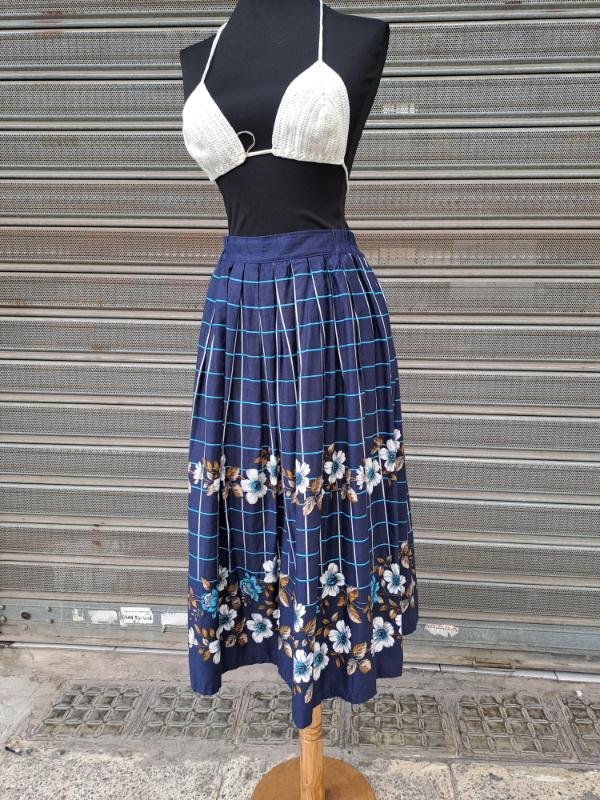 80's vintage cotton dark blue floral plaid midi skirt