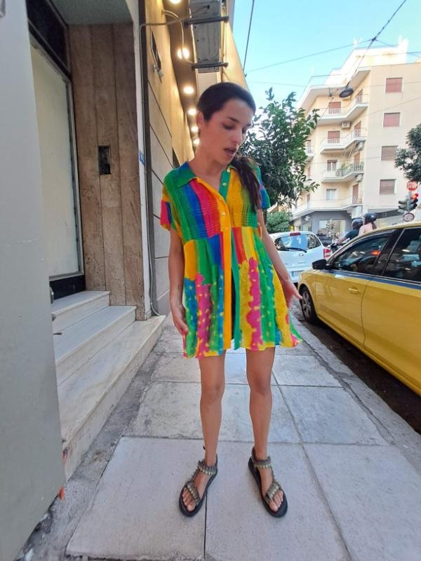 vintage viscose gaufre rainbow shirt top half with buttons - Image 5