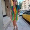 vintage viscose gaufre rainbow shirt top half with buttons
