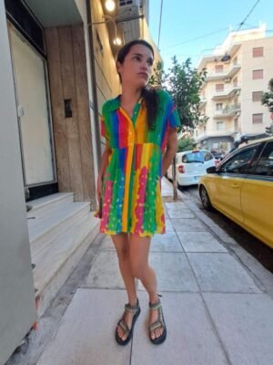vintage viscose gaufre rainbow shirt top half with buttons