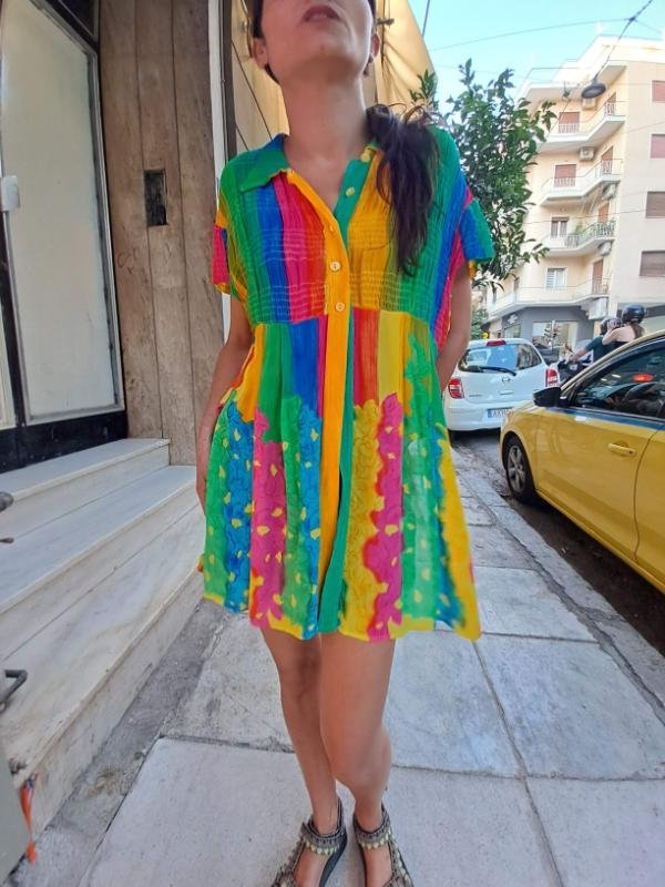 vintage viscose gaufre rainbow shirt top half with buttons - Image 2