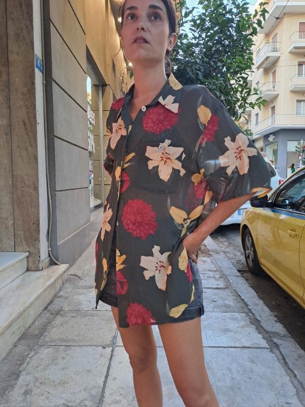 vintage viscose sheer floral khaki shirt
