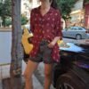 vintage Rene Dehry sheer burgundy patterned shirt