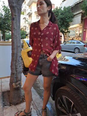 vintage Rene Dehry sheer burgundy patterned shirt