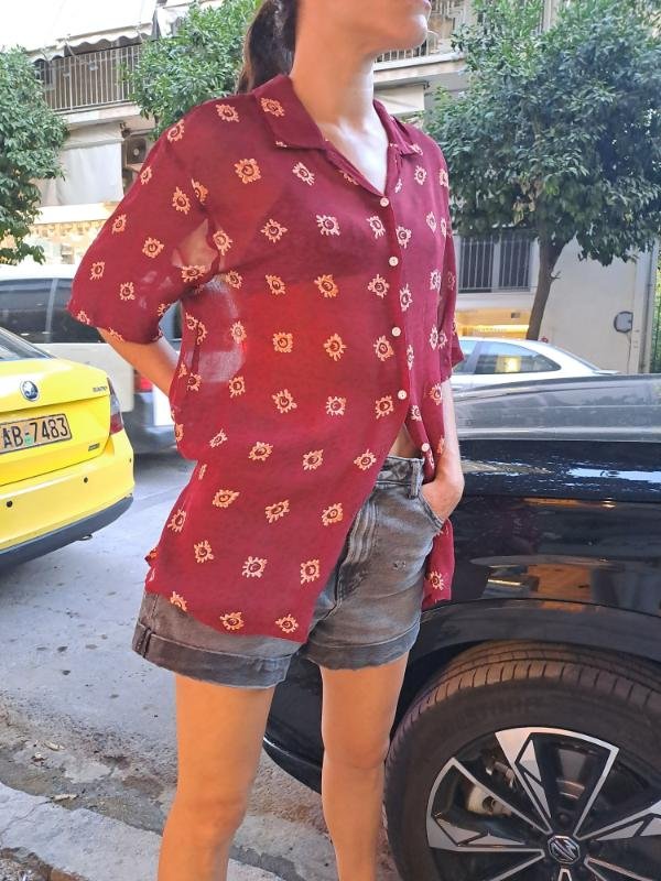 vintage  sheer burgundy patterned shirt - Image 4