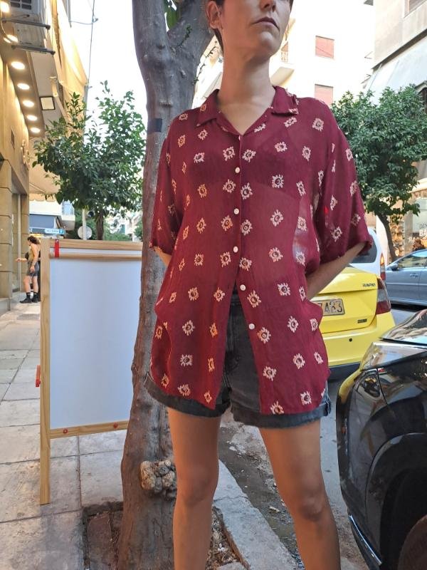 vintage  sheer burgundy patterned shirt - Image 2