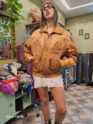 vintage leather patchwork bomber caramel jacket