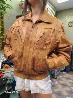 Alternative view of vintage leather patchwork bomber caramel jacket