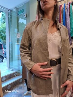 Alternative view of vintage belted light olive leather jacket