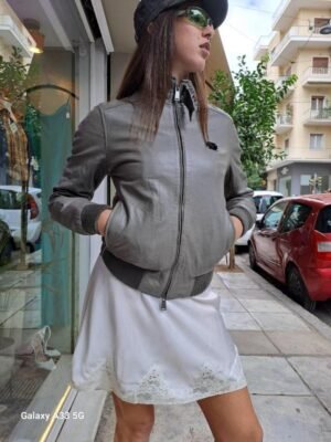 Alternative view of vintage Y2K grey leather bomber jacket