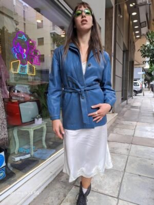 vintage belted grey/blue leather jacket/blazer