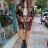 vintage embossed chocolate brown leather jacket with big pockets & big shoulders
