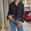 vintage viscose polka dot black & white shirt with frills in front and on sleeves