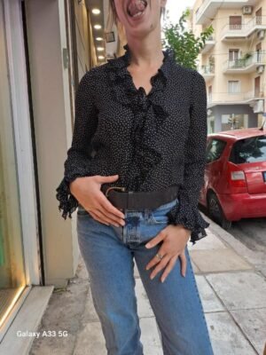 vintage viscose polka dot black & white shirt with frills in front and on sleeves
