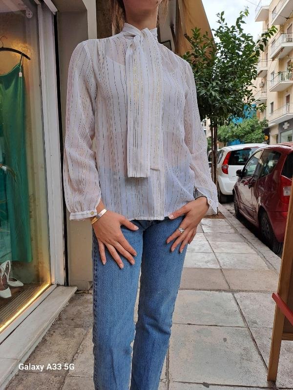 vintage white sheer shirt with metallic stripes and a bow - Image 5