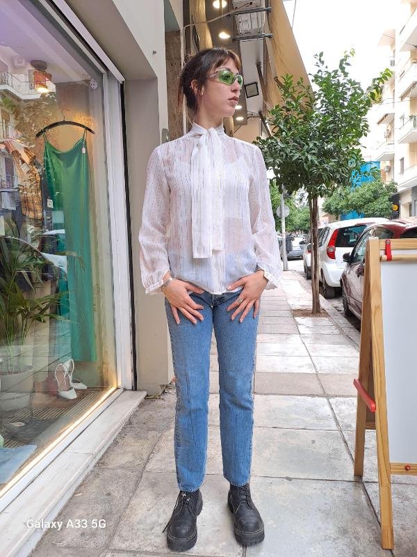 vintage white sheer shirt with metallic stripes and a bow - Image 4
