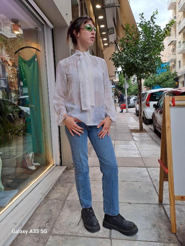 vintage white sheer shirt with metallic stripes and a bow - Image 3