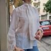 vintage white sheer shirt with metallic stripes and a bow