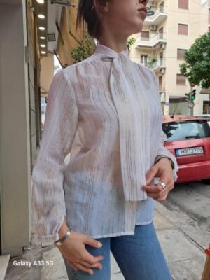 vintage white sheer shirt with metallic stripes and a bow