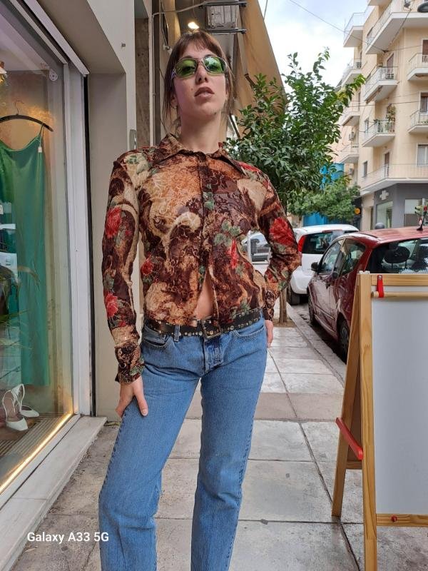 vintage semi sheer patterned shirt with velvet details