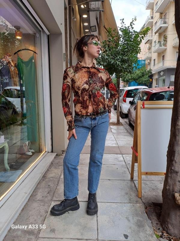 vintage semi sheer stretch patterned shirt with velvet details - Image 3
